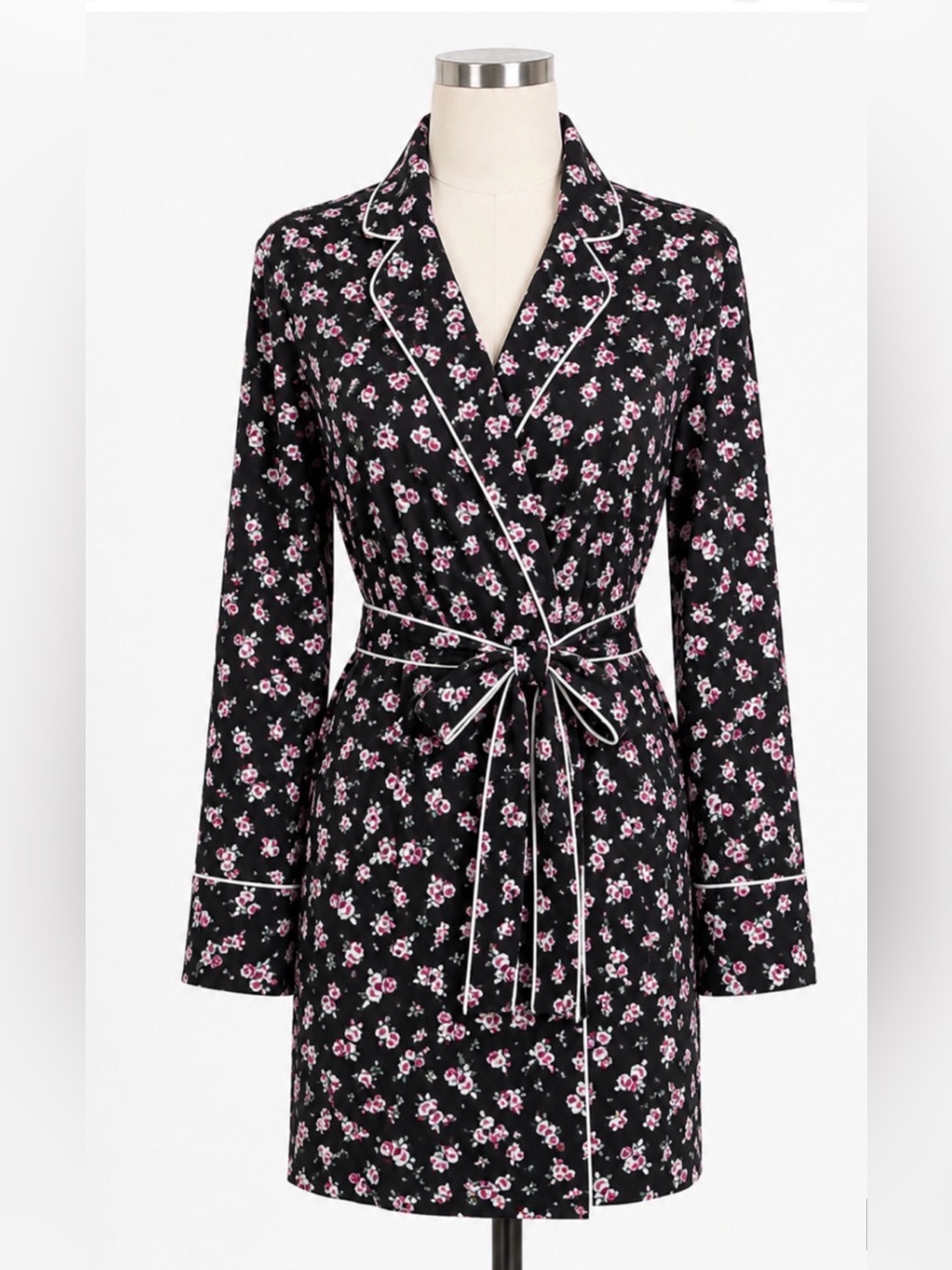 NEW EXPRESS ONE ELEVEN BLACK PINK ROSE BUD FLORAL BELTED KIMONO ROBE SIZE XS/S